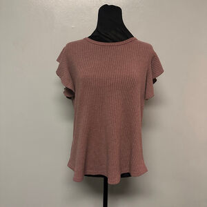 Women's Iwollence Mauve Waffle Knit Ruffle Sleeve Tee size large dusty rose